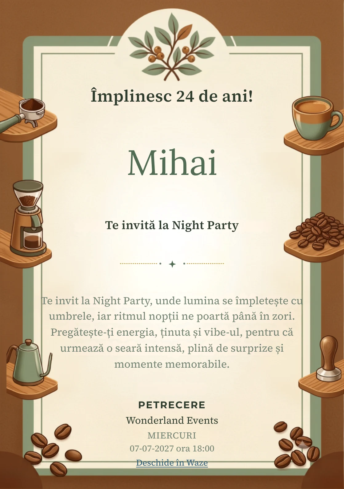 Atelier de Cafea este un model de invitații digitale pentru o aniversare adultă, definit vizual de o ceașcă ceramică și boabe.