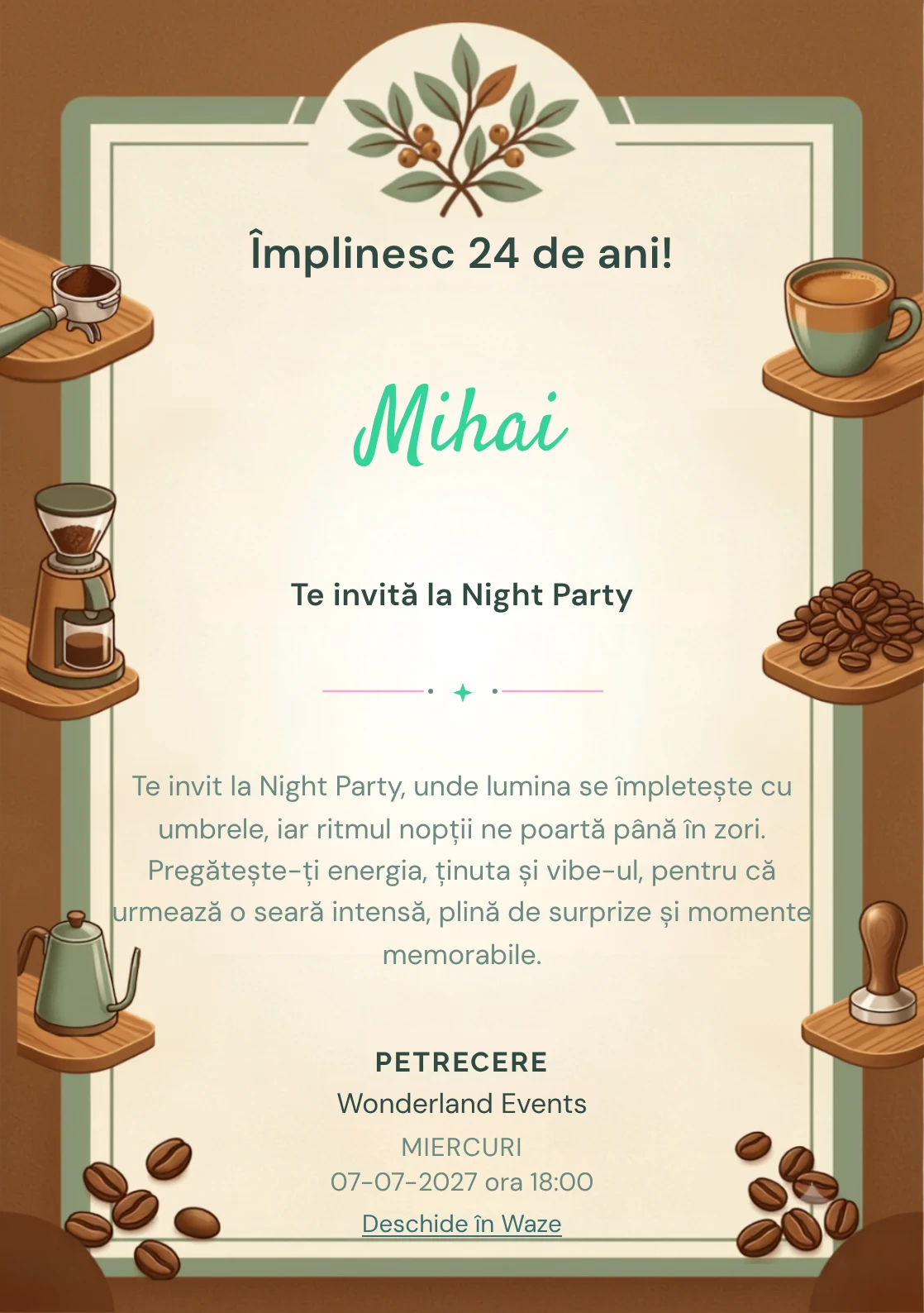 Atelier de Cafea este un model de invitații digitale pentru o aniversare adultă, definit vizual de o ceașcă ceramică și boabe.