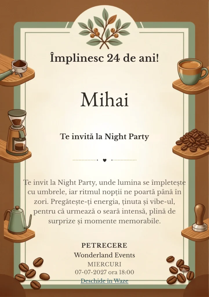 Atelier de Cafea este un model de invitații digitale pentru o aniversare adultă, definit vizual de o ceașcă ceramică și boabe.
