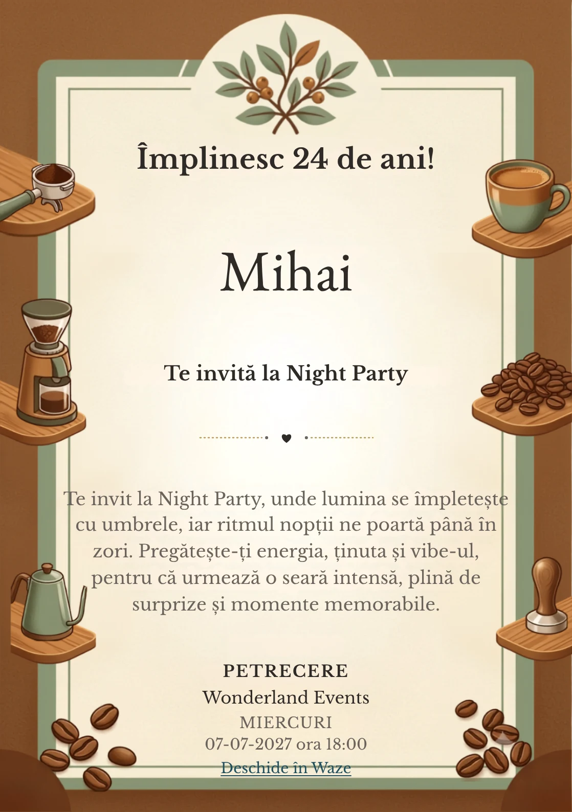 Atelier de Cafea este un model de invitații digitale pentru o aniversare adultă, definit vizual de o ceașcă ceramică și boabe.