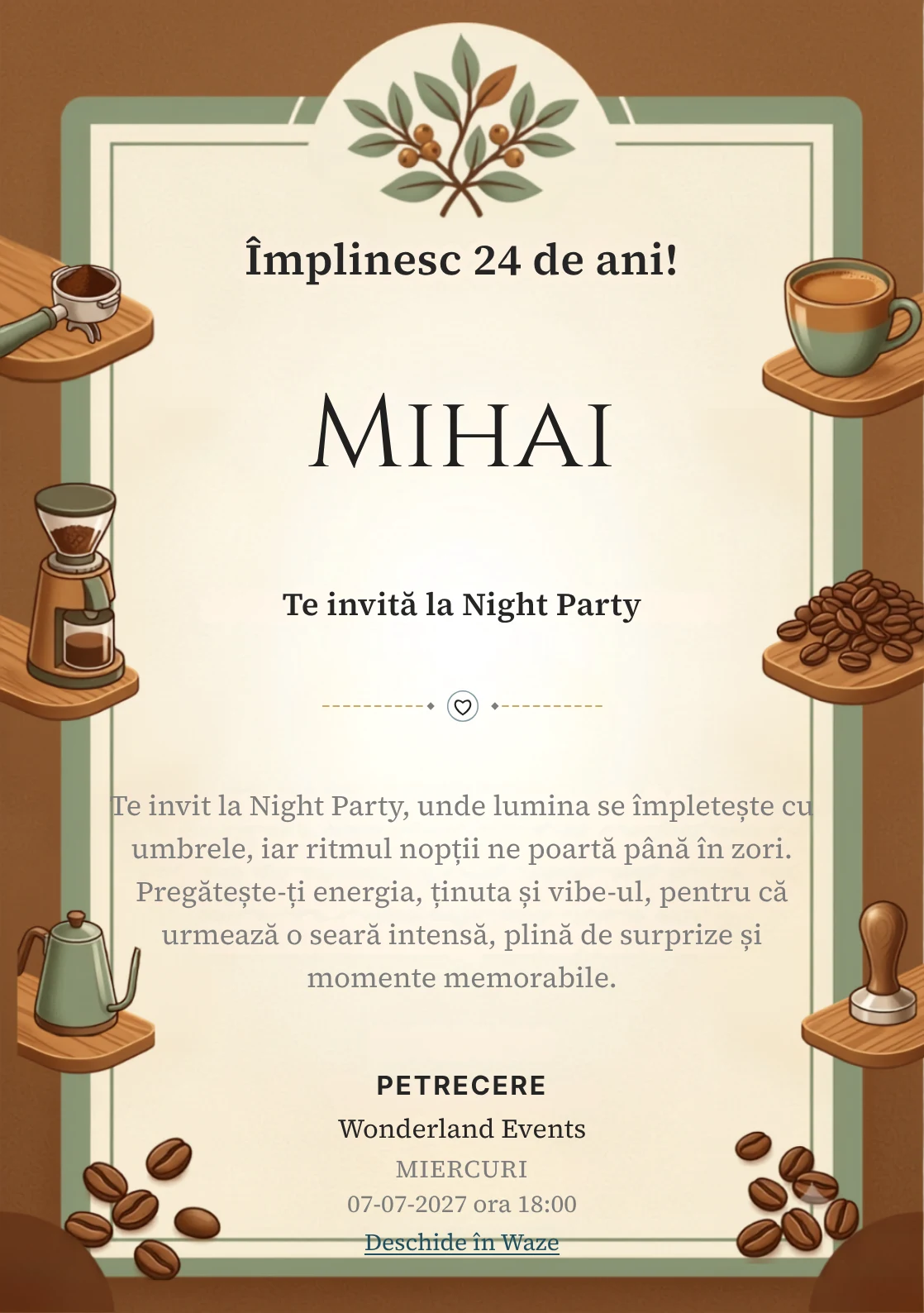 Atelier de Cafea este un model de invitații digitale pentru o aniversare adultă, definit vizual de o ceașcă ceramică și boabe.