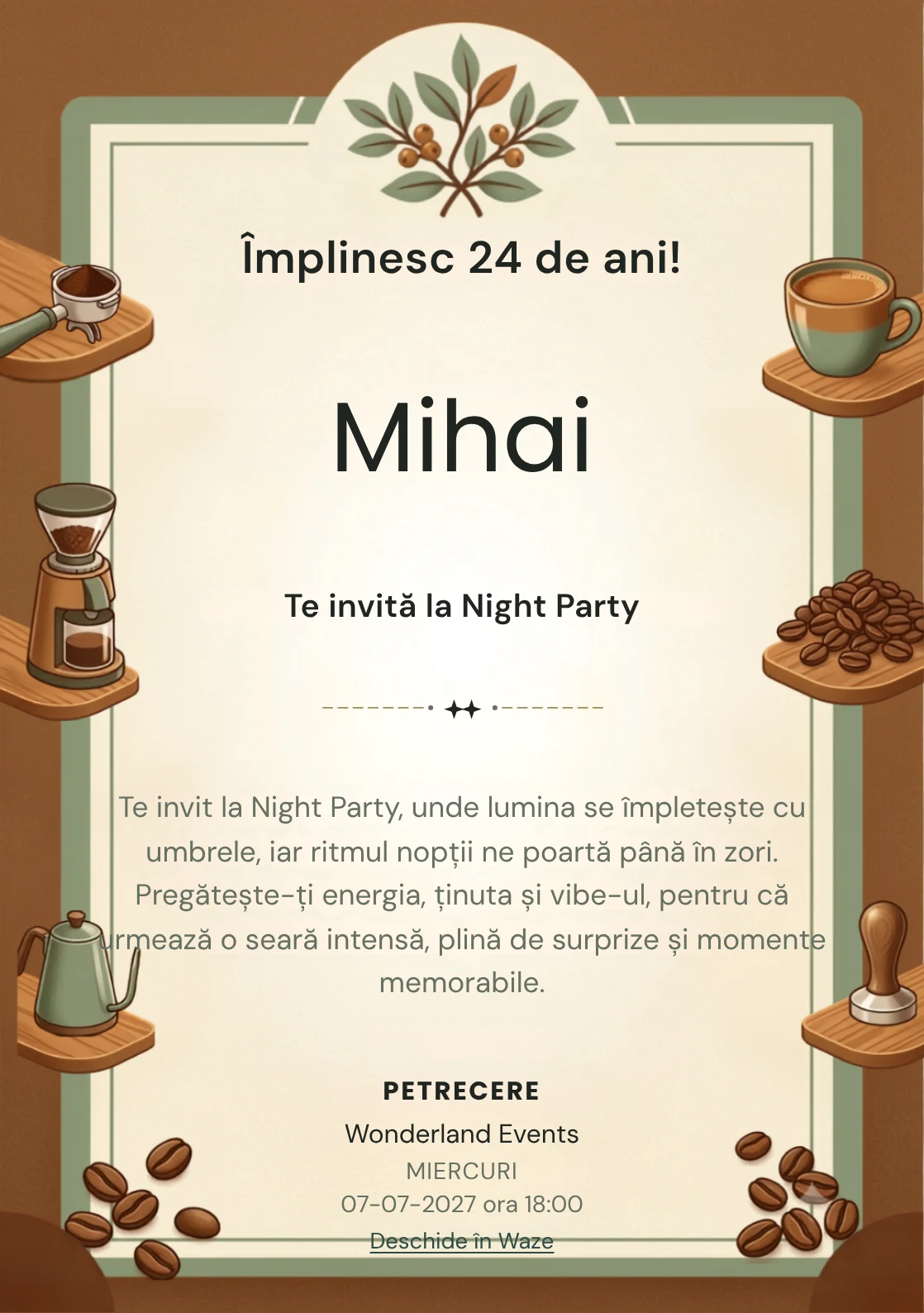 Atelier de Cafea este un model de invitații digitale pentru o aniversare adultă, definit vizual de o ceașcă ceramică și boabe.