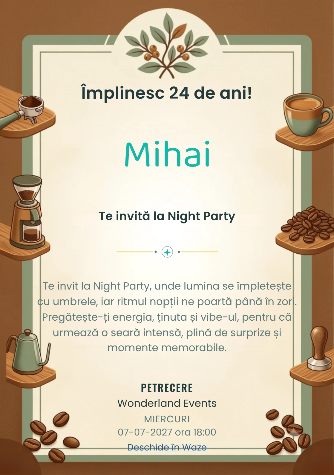 Atelier de Cafea este un model de invitații digitale pentru o aniversare adultă, definit vizual de o ceașcă ceramică și boabe.