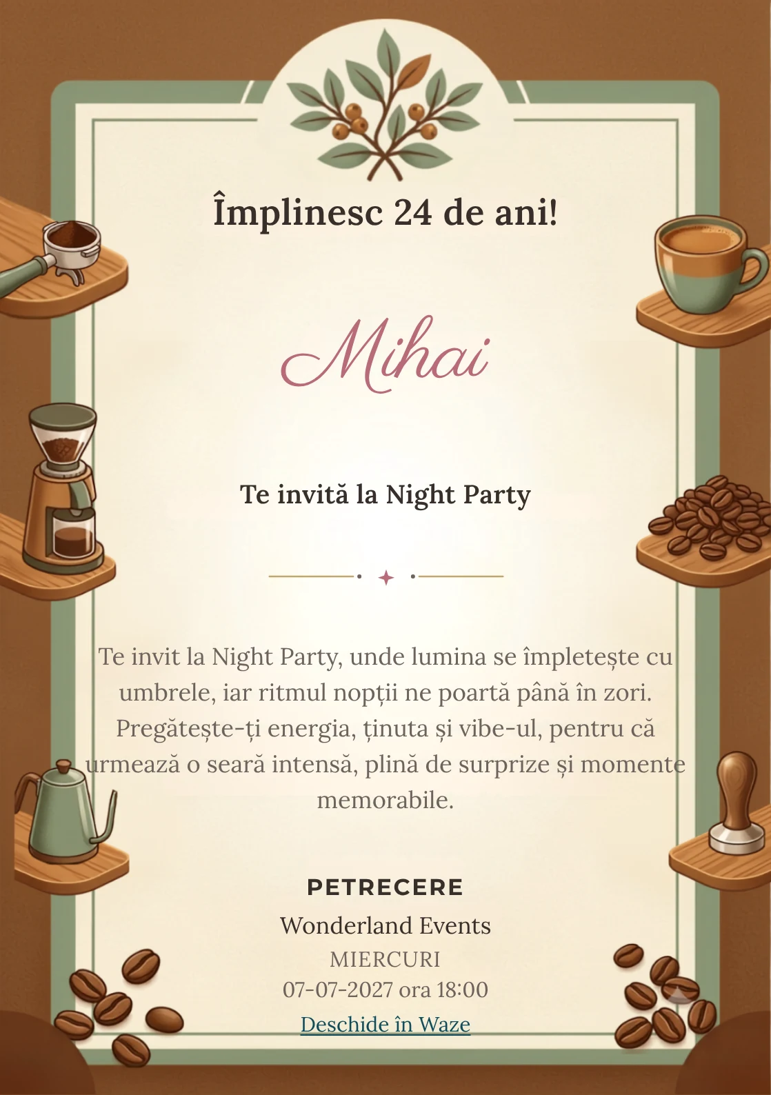 Atelier de Cafea este un model de invitații digitale pentru o aniversare adultă, definit vizual de o ceașcă ceramică și boabe.