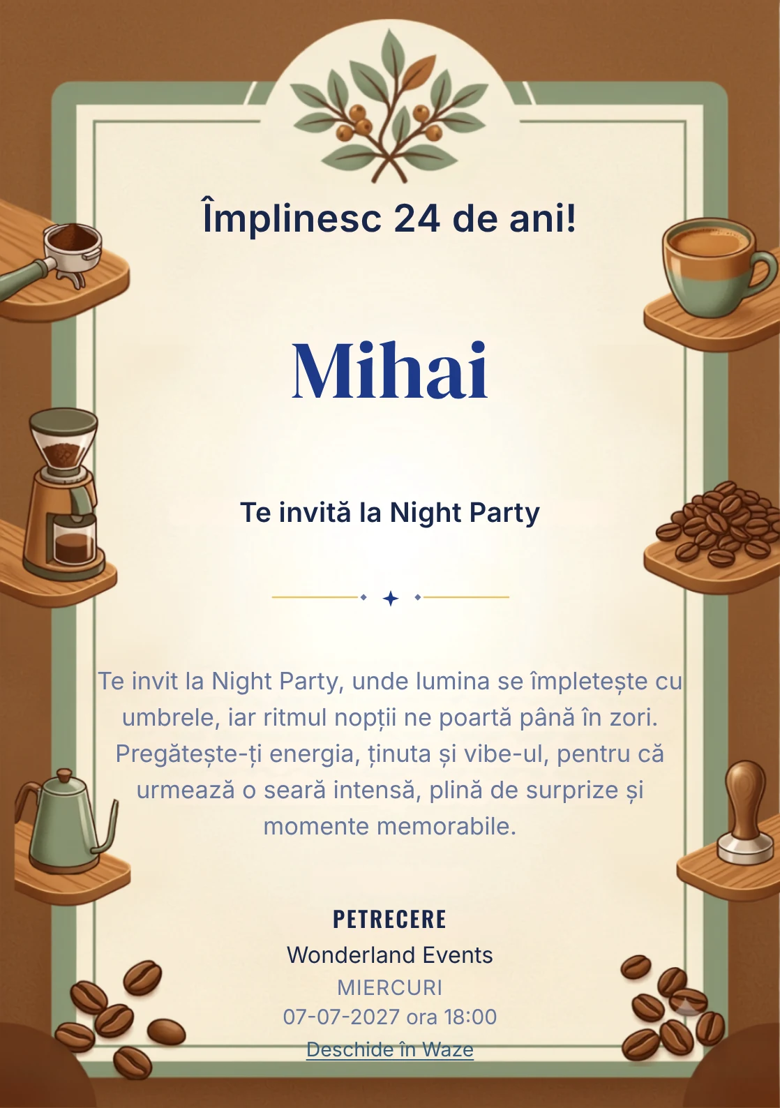 Atelier de Cafea este un model de invitații digitale pentru o aniversare adultă, definit vizual de o ceașcă ceramică și boabe.