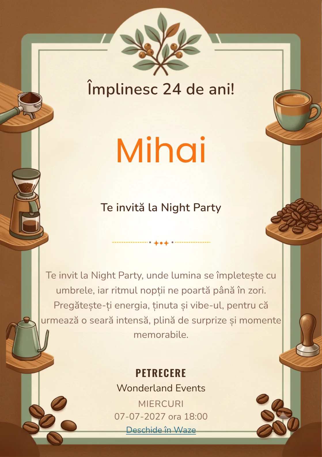 Atelier de Cafea este un model de invitații digitale pentru o aniversare adultă, definit vizual de o ceașcă ceramică și boabe.