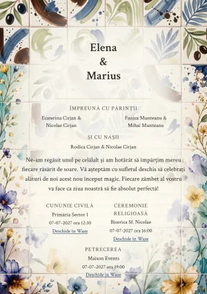 Atelier de Ceramică, în colecția de invitații nuntă, are ca reper vizual plăci ceramice cu gesturi picturale expresive, în nuanțe de crem ceramică și verde măsliniu pal.
