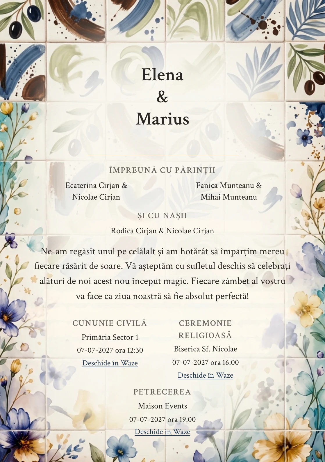 Atelier de Ceramică, în colecția de invitații nuntă, are ca reper vizual plăci ceramice cu gesturi picturale expresive, în nuanțe de crem ceramică și verde măsliniu pal.