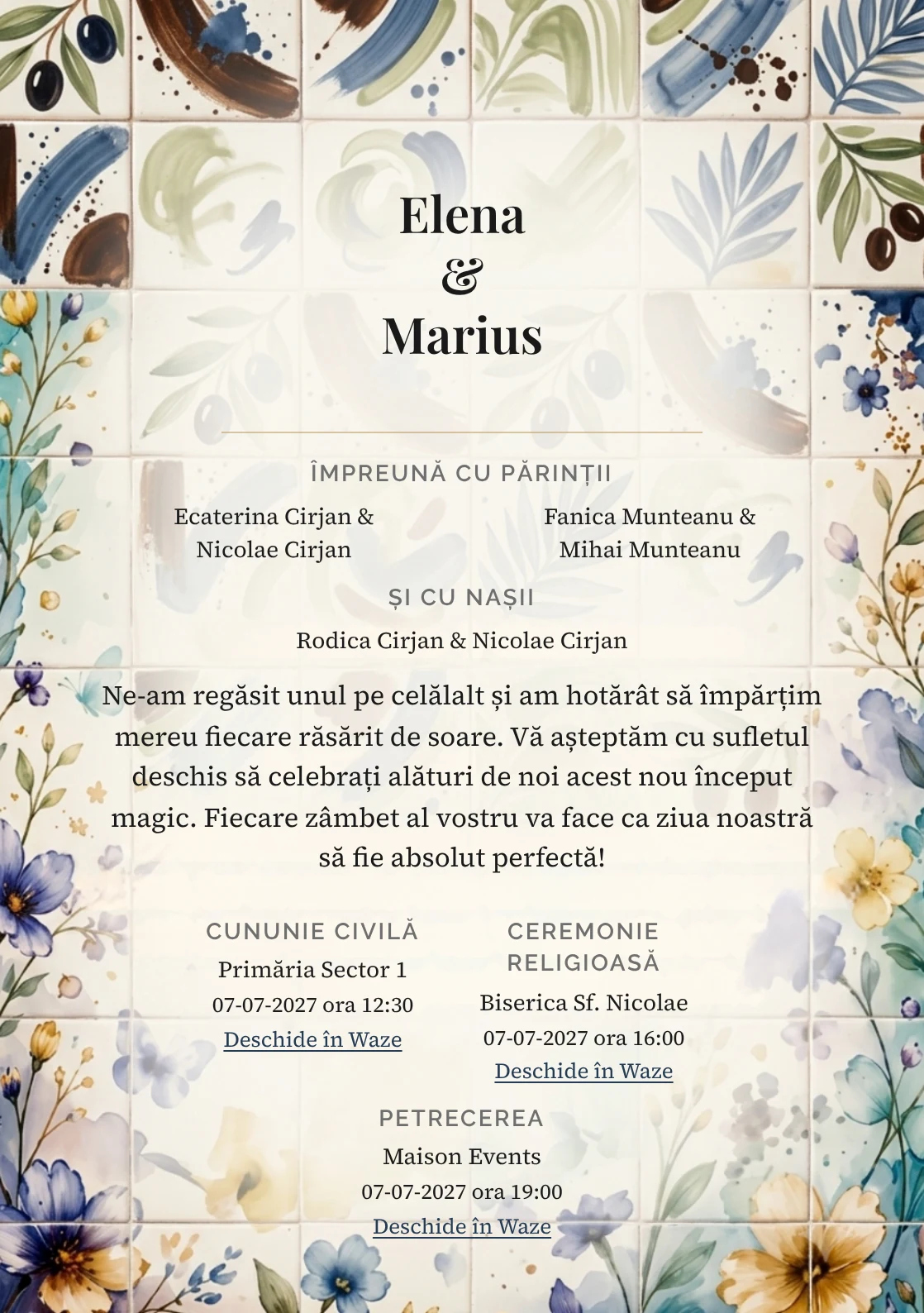 Atelier de Ceramică, în colecția de invitații nuntă, are ca reper vizual plăci ceramice cu gesturi picturale expresive, în nuanțe de crem ceramică și verde măsliniu pal.