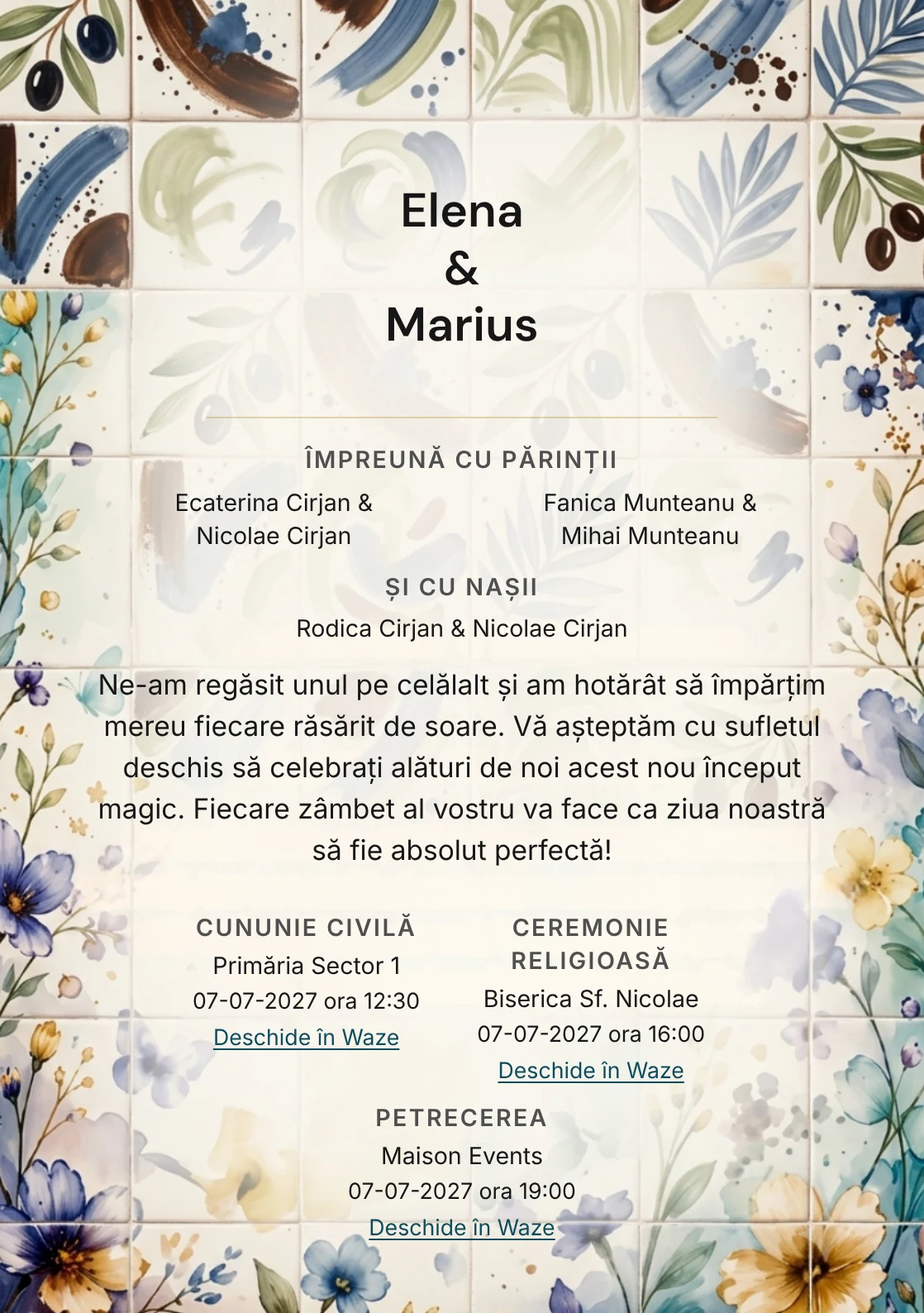 Atelier de Ceramică, în colecția de invitații nuntă, are ca reper vizual plăci ceramice cu gesturi picturale expresive, în nuanțe de crem ceramică și verde măsliniu pal.
