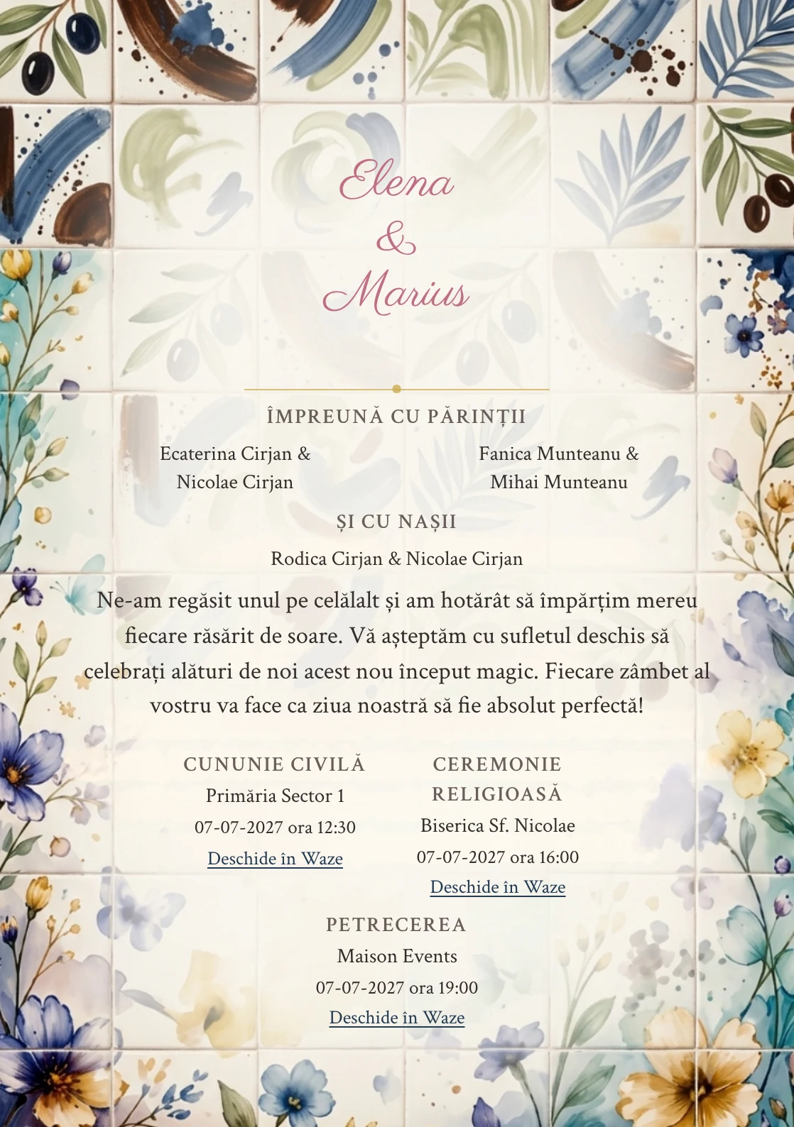 Atelier de Ceramică, în colecția de invitații nuntă, are ca reper vizual plăci ceramice cu gesturi picturale expresive, în nuanțe de crem ceramică și verde măsliniu pal.