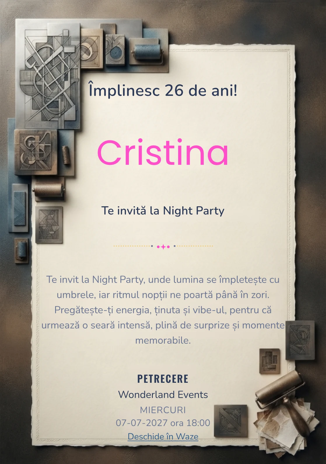 Pentru aniversările adulților, Atelier de Gravură propune invitații digitale cu o compoziție gravată abstractă și nuanțe de negru cald și sepia.