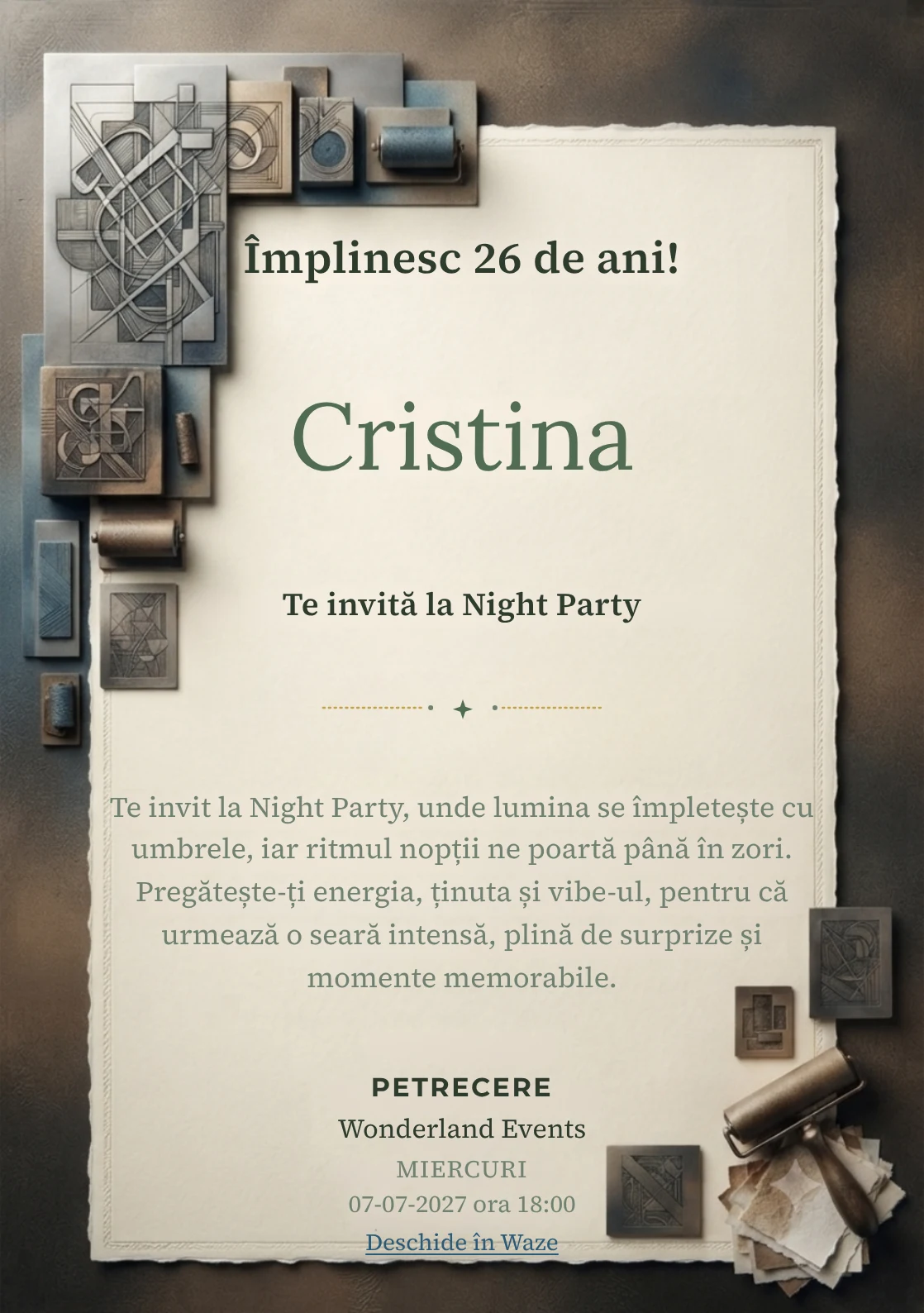 Pentru aniversările adulților, Atelier de Gravură propune invitații digitale cu o compoziție gravată abstractă și nuanțe de negru cald și sepia.