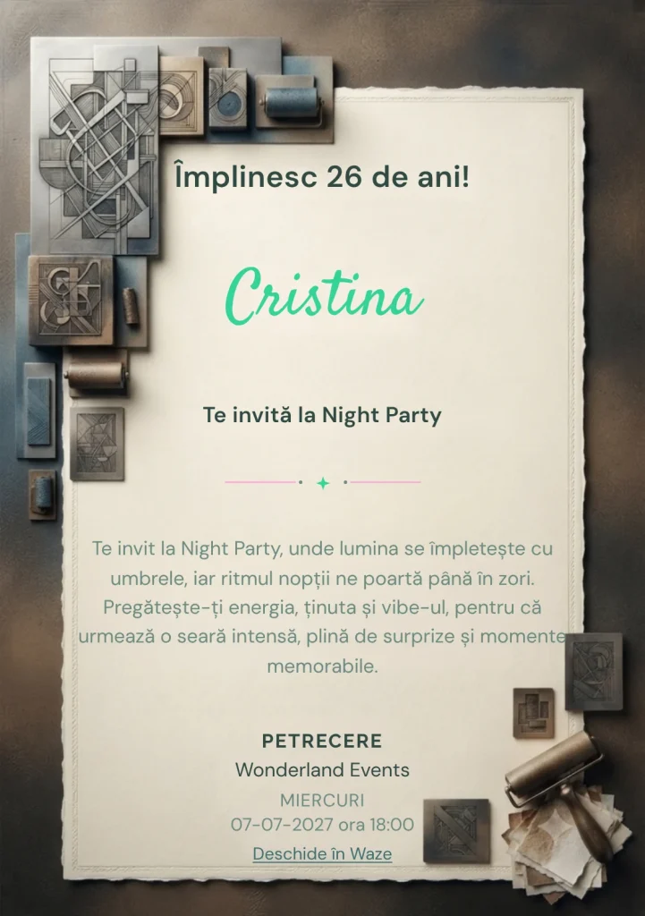 Pentru aniversările adulților, Atelier de Gravură propune invitații digitale cu o compoziție gravată abstractă și nuanțe de negru cald și sepia.