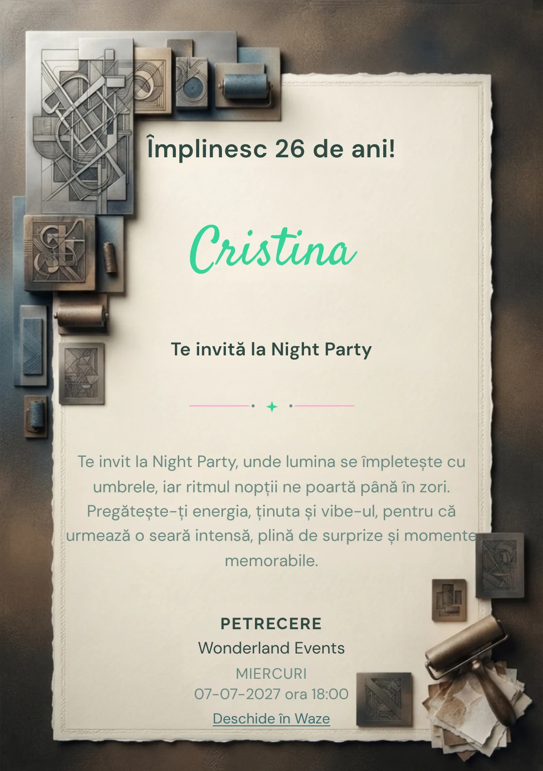 Pentru aniversările adulților, Atelier de Gravură propune invitații digitale cu o compoziție gravată abstractă și nuanțe de negru cald și sepia.