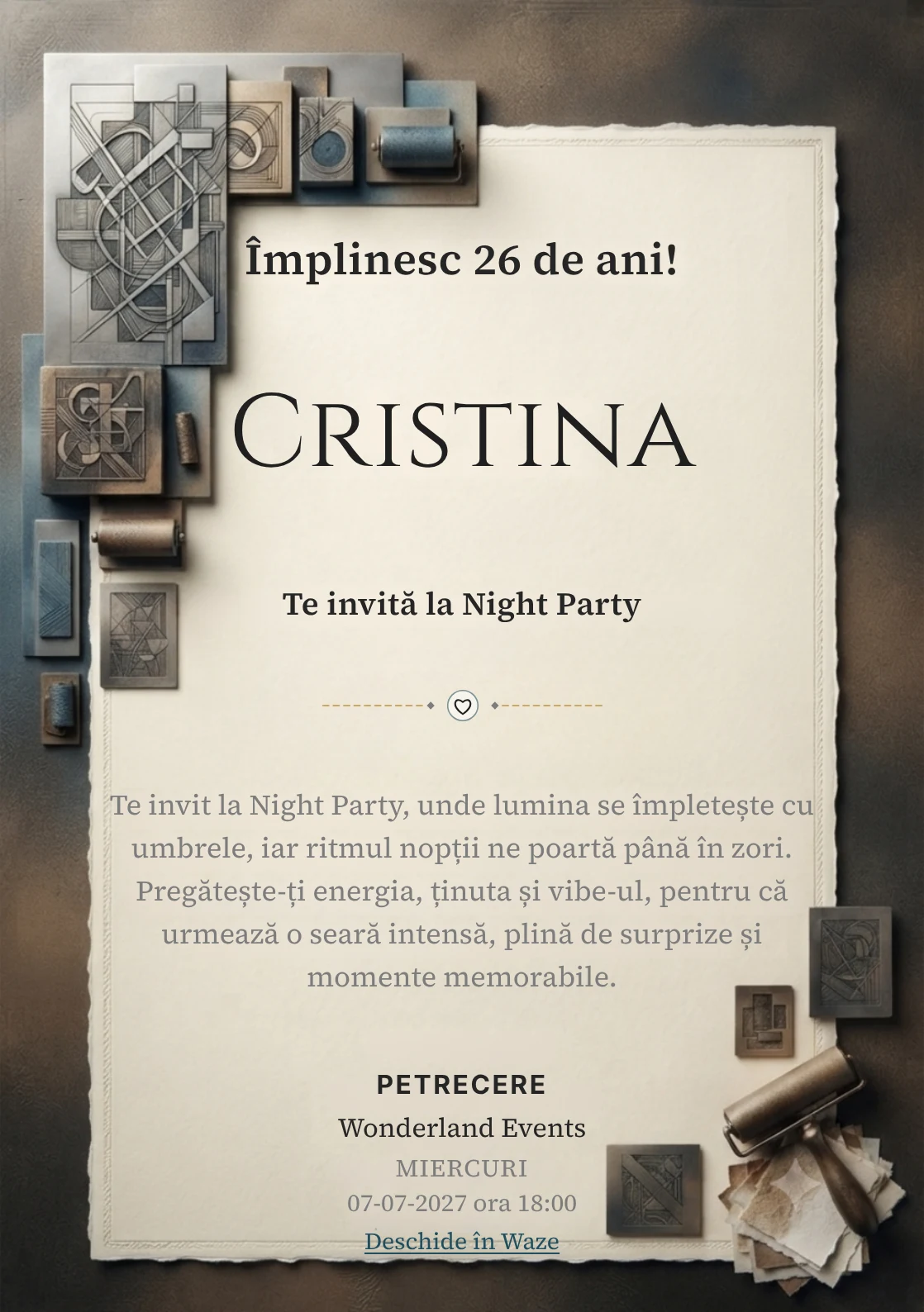 Pentru aniversările adulților, Atelier de Gravură propune invitații digitale cu o compoziție gravată abstractă și nuanțe de negru cald și sepia.