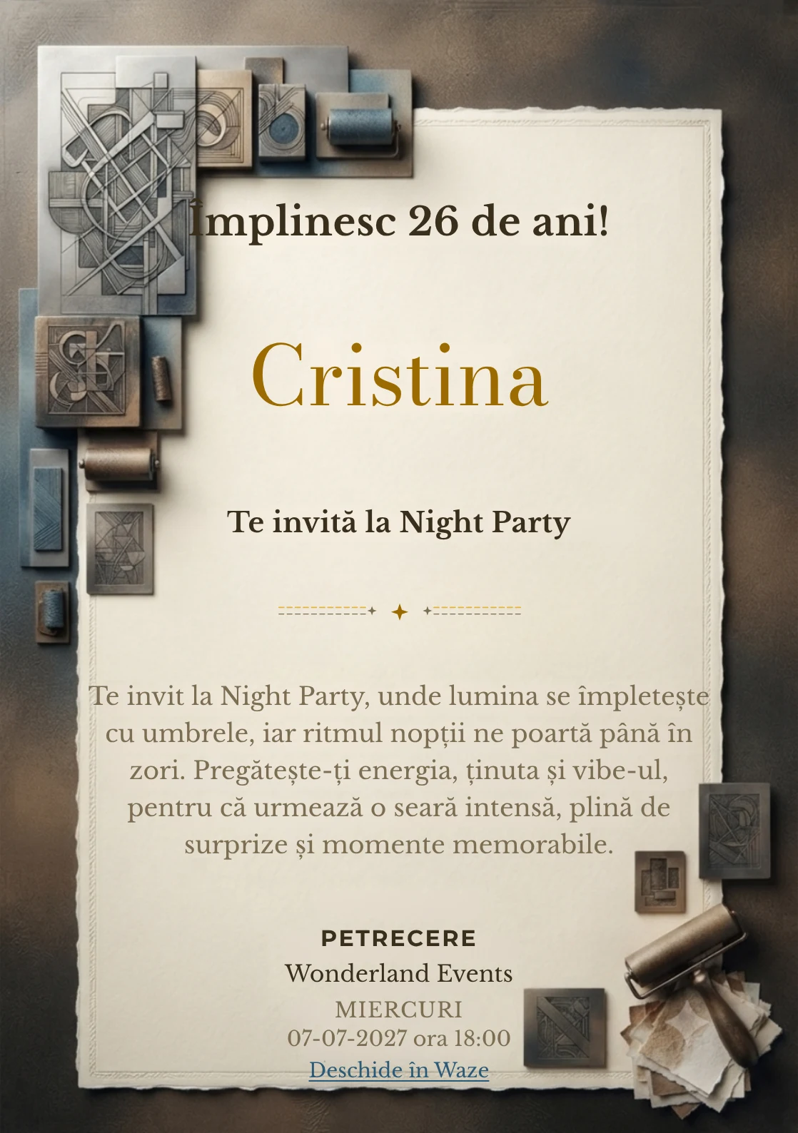 Pentru aniversările adulților, Atelier de Gravură propune invitații digitale cu o compoziție gravată abstractă și nuanțe de negru cald și sepia.