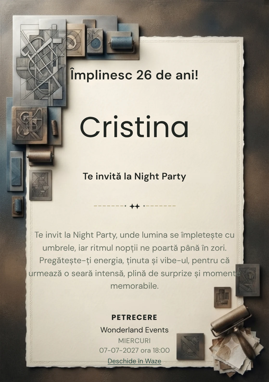 Pentru aniversările adulților, Atelier de Gravură propune invitații digitale cu o compoziție gravată abstractă și nuanțe de negru cald și sepia.