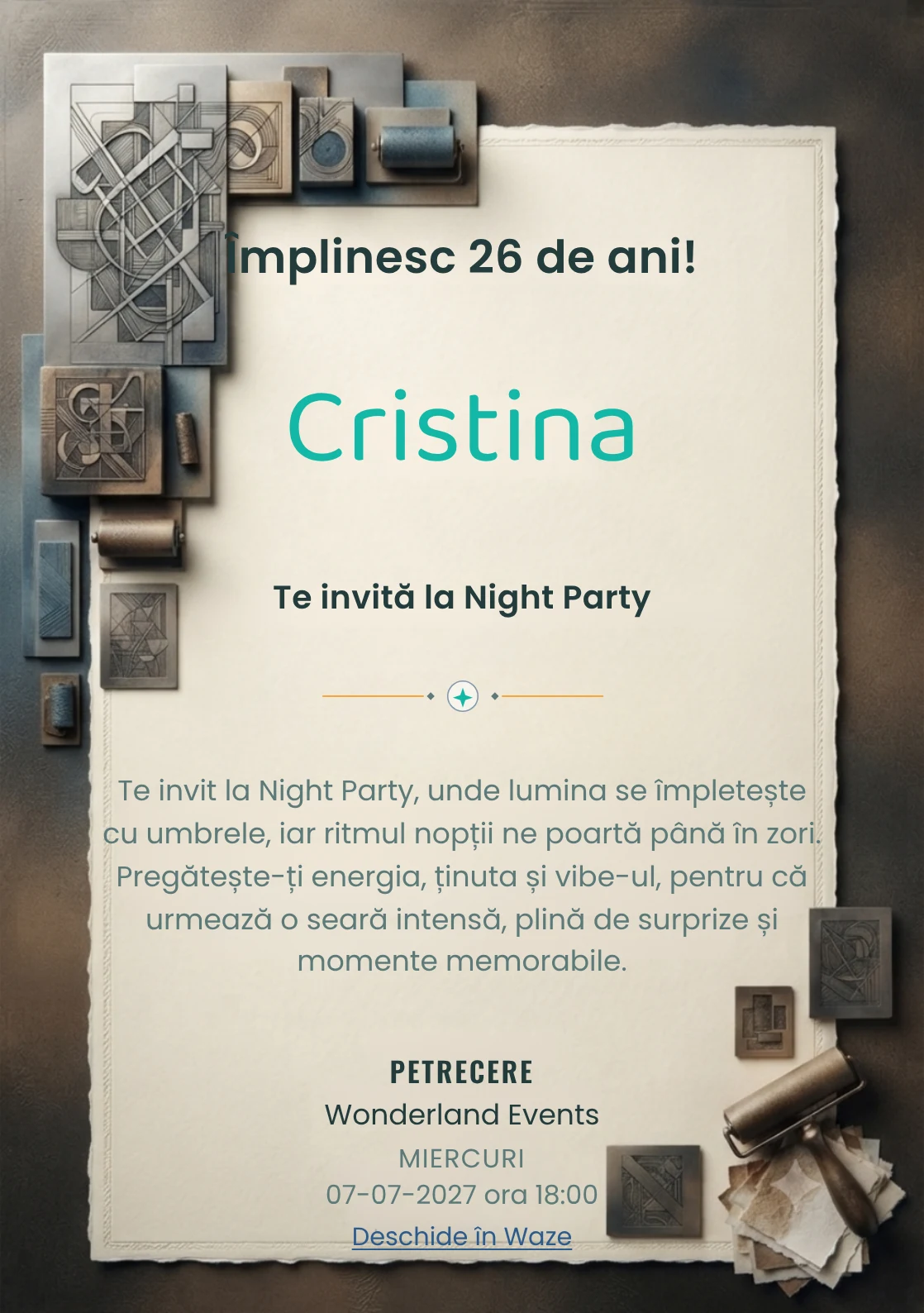 Pentru aniversările adulților, Atelier de Gravură propune invitații digitale cu o compoziție gravată abstractă și nuanțe de negru cald și sepia.