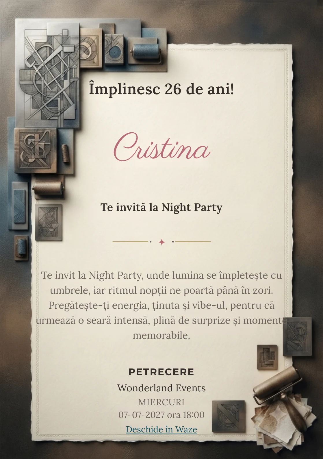 Pentru aniversările adulților, Atelier de Gravură propune invitații digitale cu o compoziție gravată abstractă și nuanțe de negru cald și sepia.