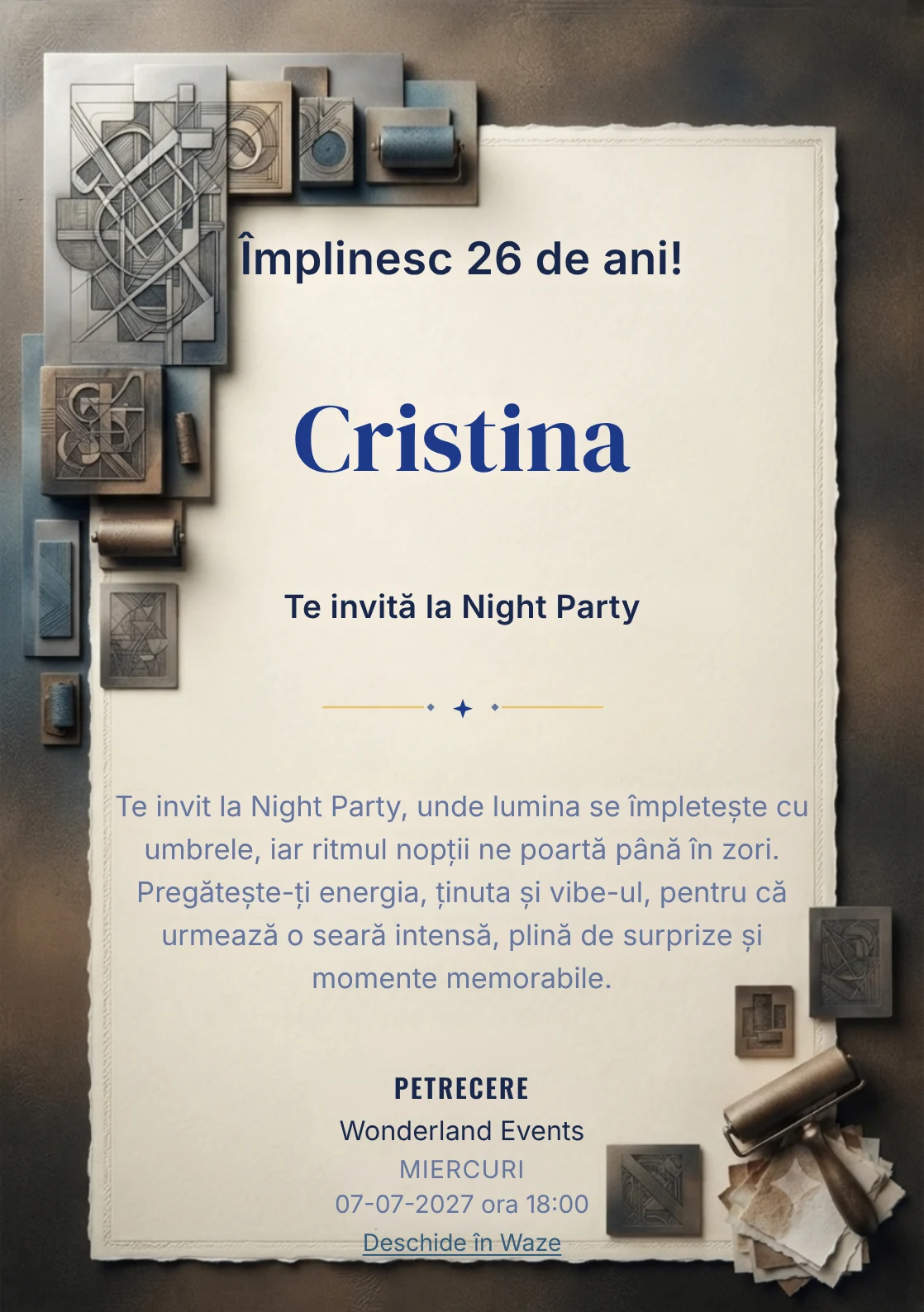 Pentru aniversările adulților, Atelier de Gravură propune invitații digitale cu o compoziție gravată abstractă și nuanțe de negru cald și sepia.