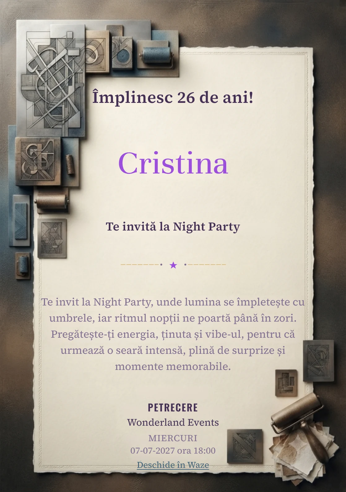 Pentru aniversările adulților, Atelier de Gravură propune invitații digitale cu o compoziție gravată abstractă și nuanțe de negru cald și sepia.