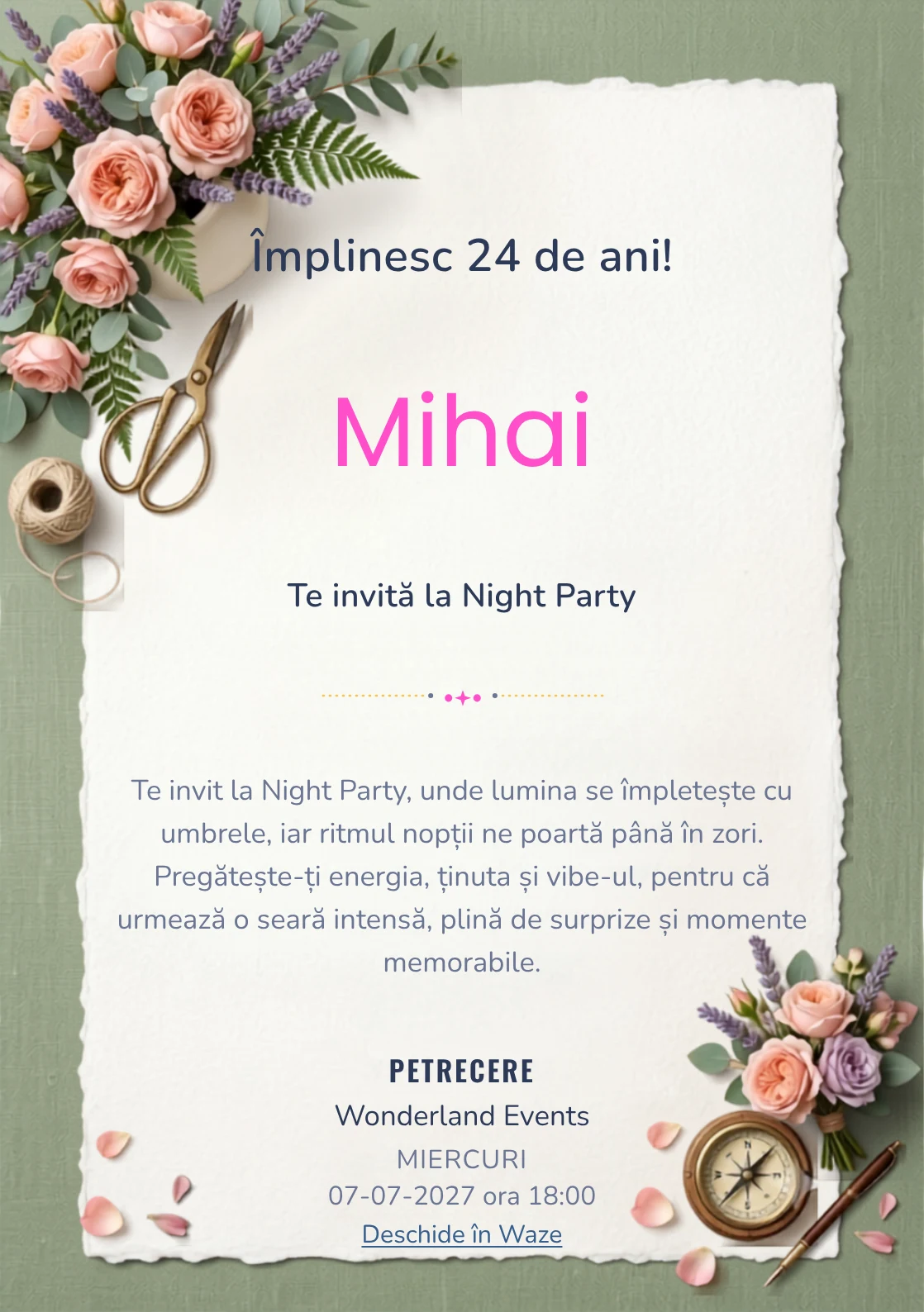 Pentru aniversările adulților, Atelier Floral propune invitații digitale cu un aranjament floral asimetric și nuanțe de roz ceai și verde salvie.