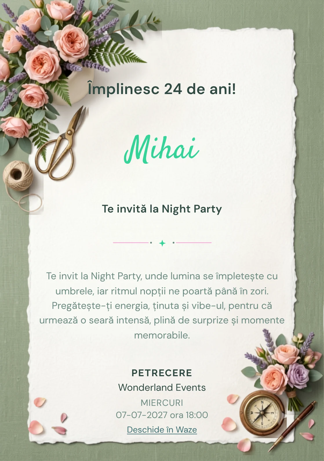 Pentru aniversările adulților, Atelier Floral propune invitații digitale cu un aranjament floral asimetric și nuanțe de roz ceai și verde salvie.