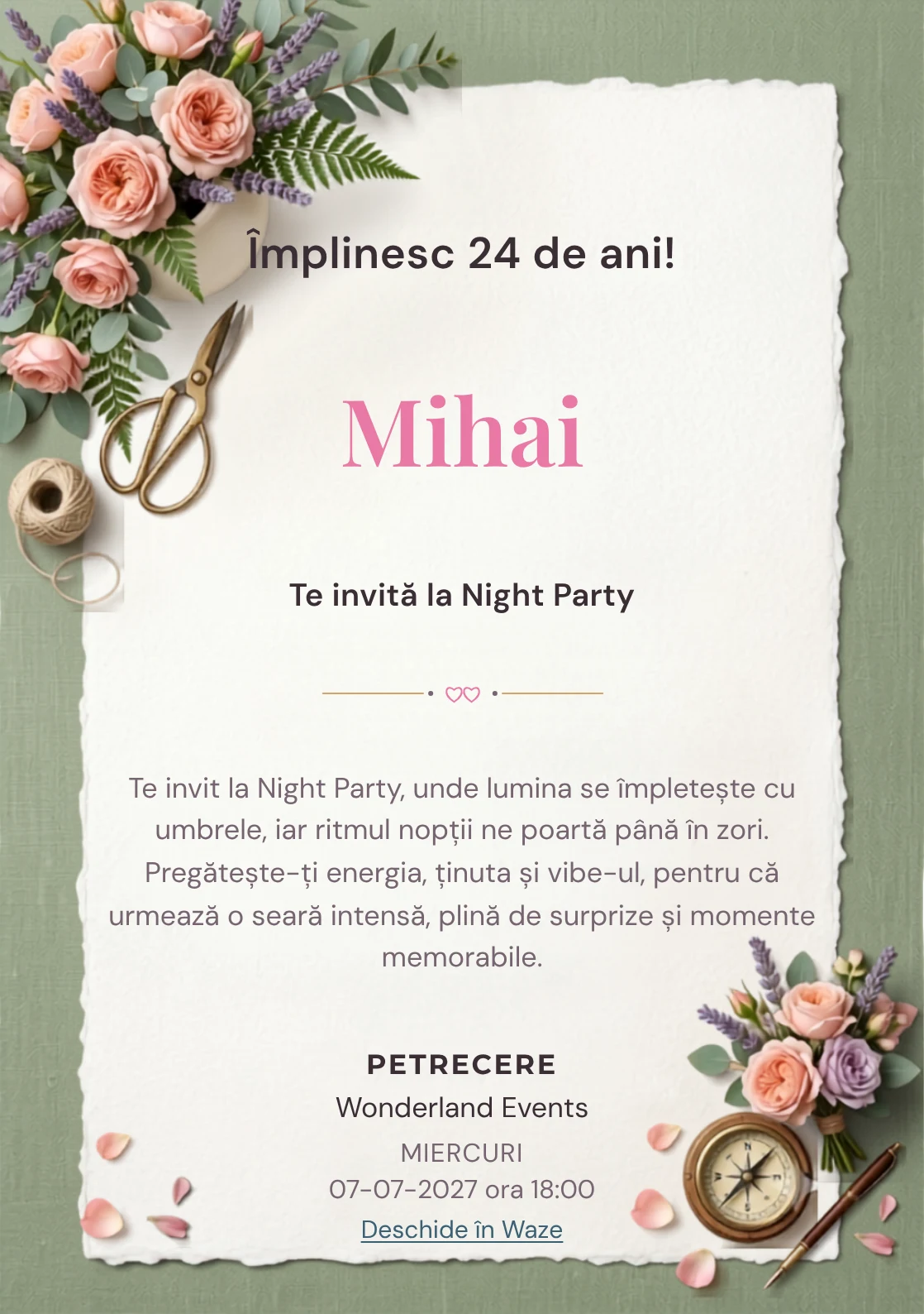 Pentru aniversările adulților, Atelier Floral propune invitații digitale cu un aranjament floral asimetric și nuanțe de roz ceai și verde salvie.