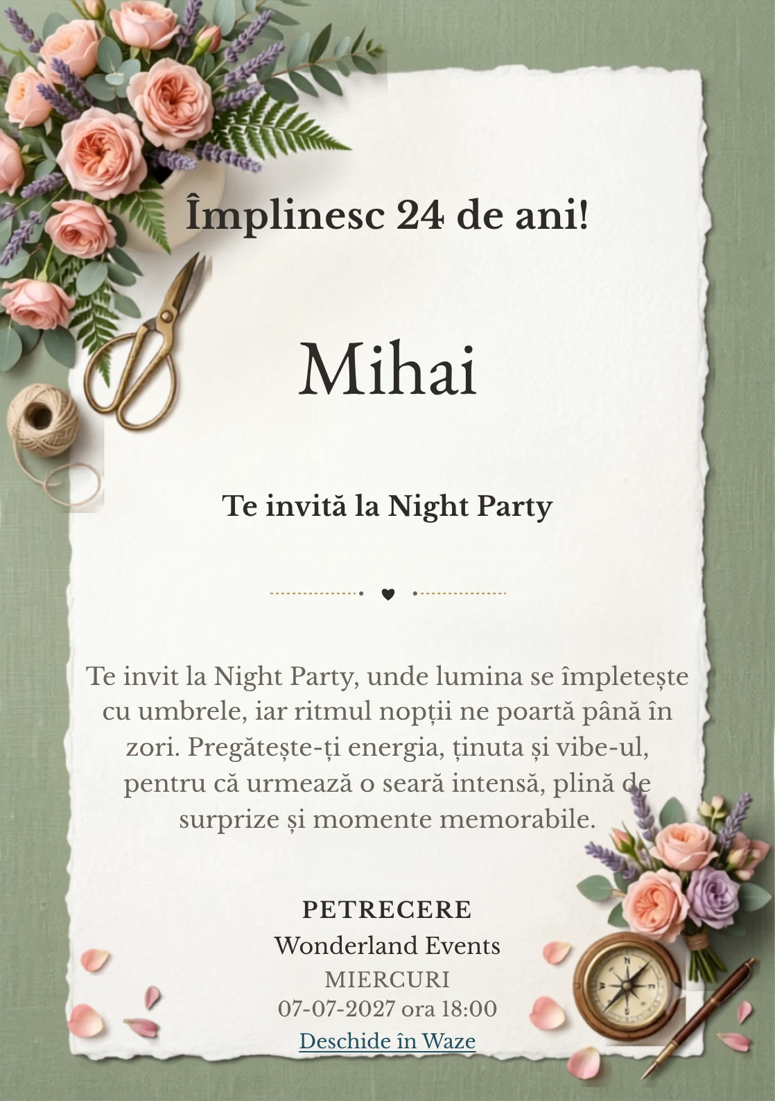Pentru aniversările adulților, Atelier Floral propune invitații digitale cu un aranjament floral asimetric și nuanțe de roz ceai și verde salvie.