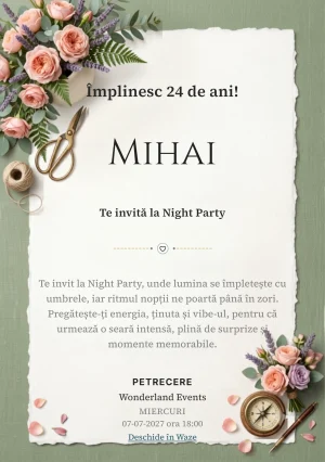 Pentru aniversările adulților, Atelier Floral propune invitații digitale cu un aranjament floral asimetric și nuanțe de roz ceai și verde salvie.