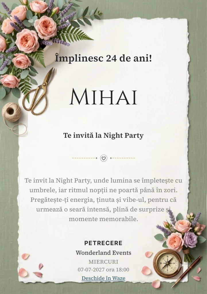 Pentru aniversările adulților, Atelier Floral propune invitații digitale cu un aranjament floral asimetric și nuanțe de roz ceai și verde salvie.