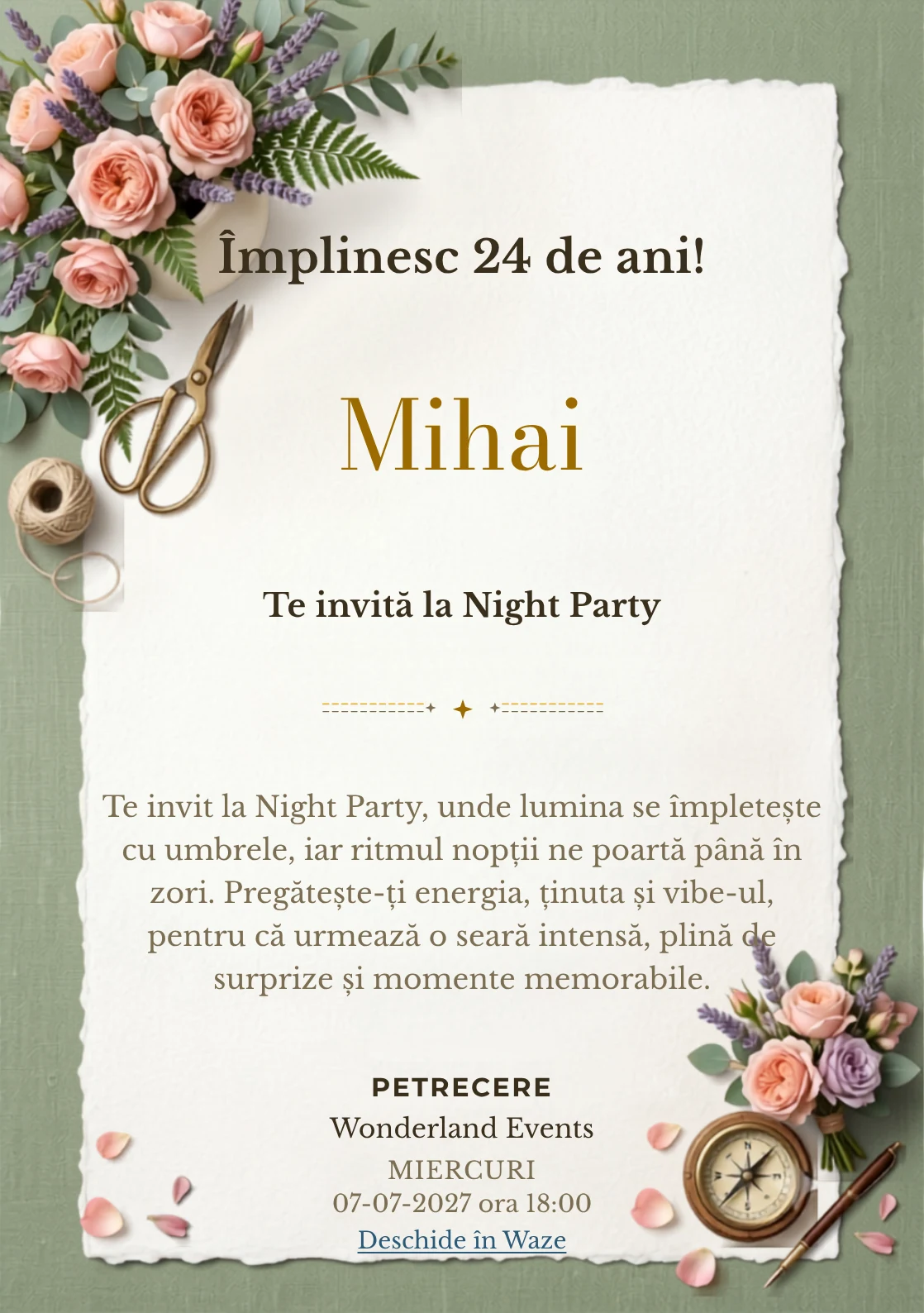 Pentru aniversările adulților, Atelier Floral propune invitații digitale cu un aranjament floral asimetric și nuanțe de roz ceai și verde salvie.