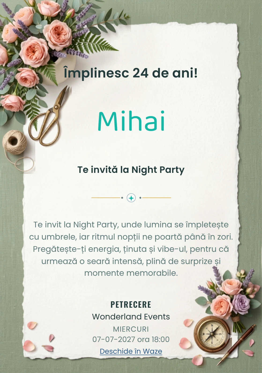 Pentru aniversările adulților, Atelier Floral propune invitații digitale cu un aranjament floral asimetric și nuanțe de roz ceai și verde salvie.