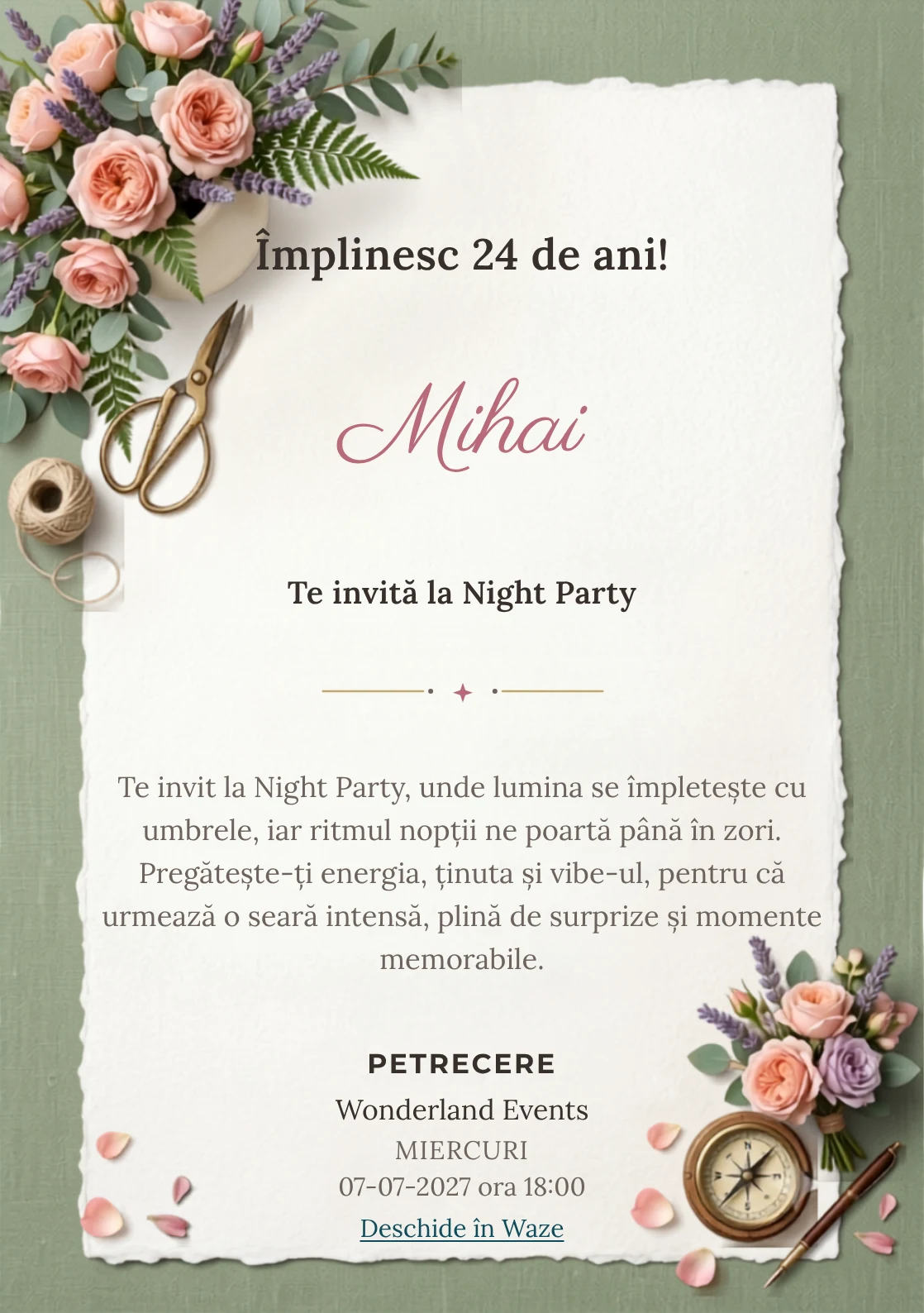 Pentru aniversările adulților, Atelier Floral propune invitații digitale cu un aranjament floral asimetric și nuanțe de roz ceai și verde salvie.