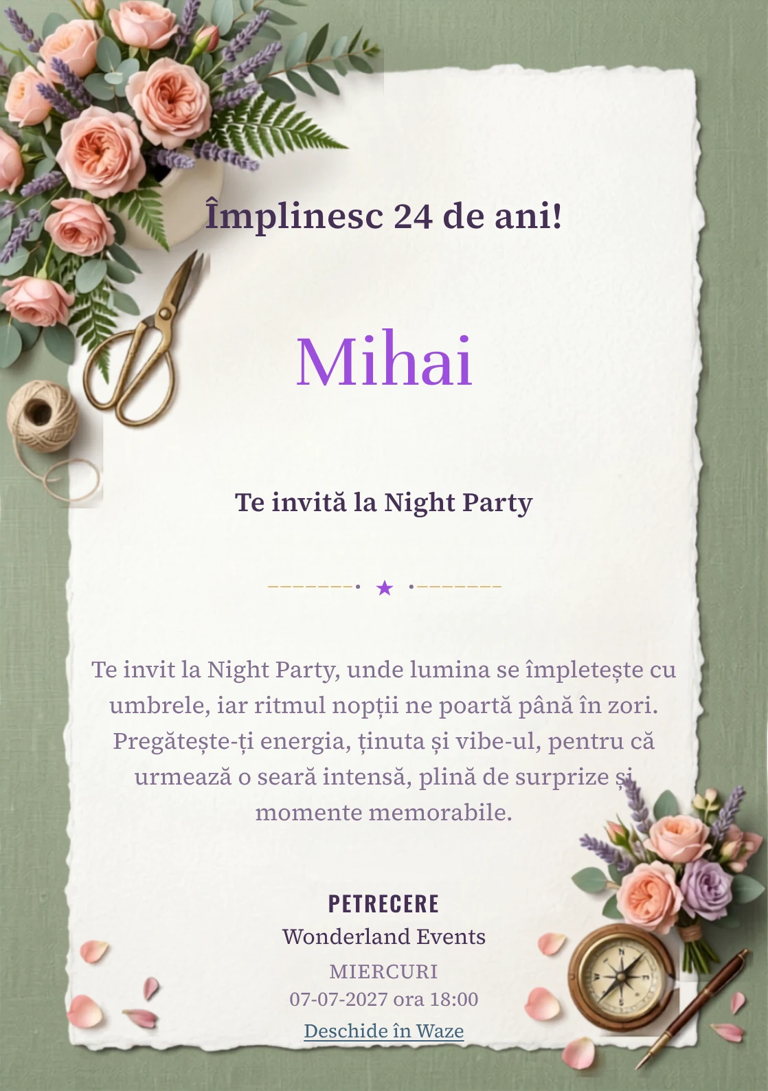 Pentru aniversările adulților, Atelier Floral propune invitații digitale cu un aranjament floral asimetric și nuanțe de roz ceai și verde salvie.
