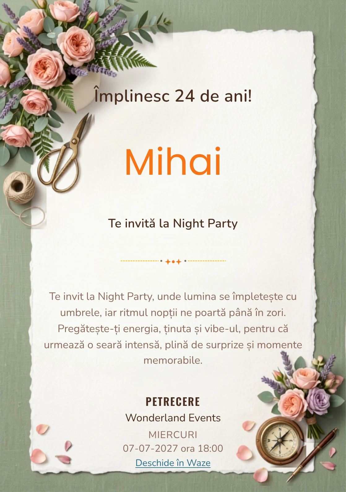 Pentru aniversările adulților, Atelier Floral propune invitații digitale cu un aranjament floral asimetric și nuanțe de roz ceai și verde salvie.