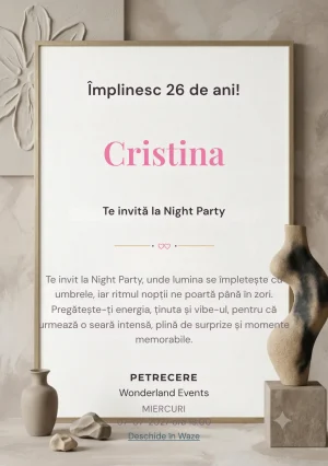 Atelier Minimal este un model de invitații digitale pentru o aniversare adultă, definit vizual de o sculptură abstractă asimetrică.