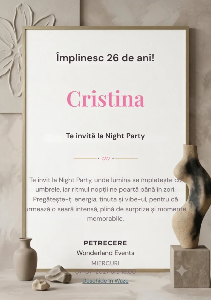Atelier Minimal este un model de invitații digitale pentru o aniversare adultă, definit vizual de o sculptură abstractă asimetrică.