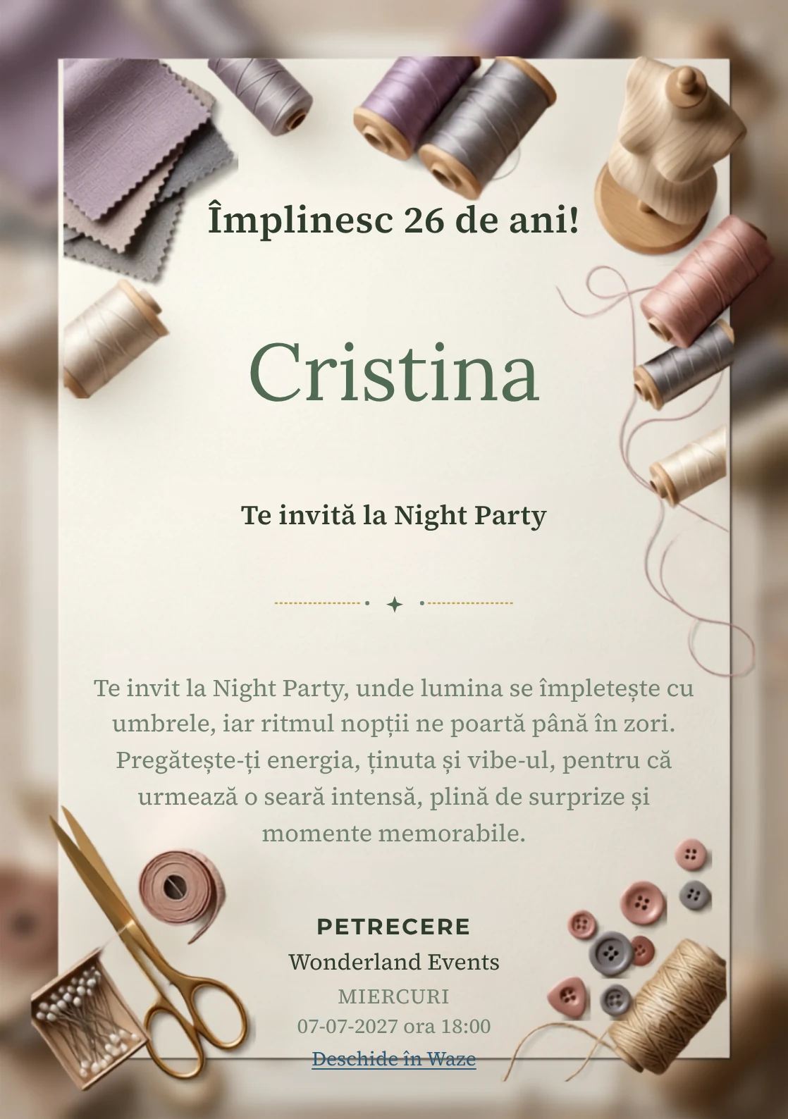 Atelierul de Croitorie este un model de invitații digitale de zi de naștere, definit vizual de un manechin abstract și fire colorate.