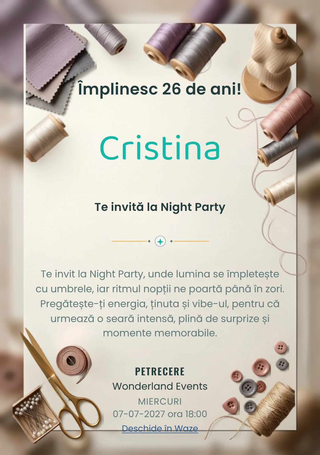Atelierul de Croitorie este un model de invitații digitale de zi de naștere, definit vizual de un manechin abstract și fire colorate.