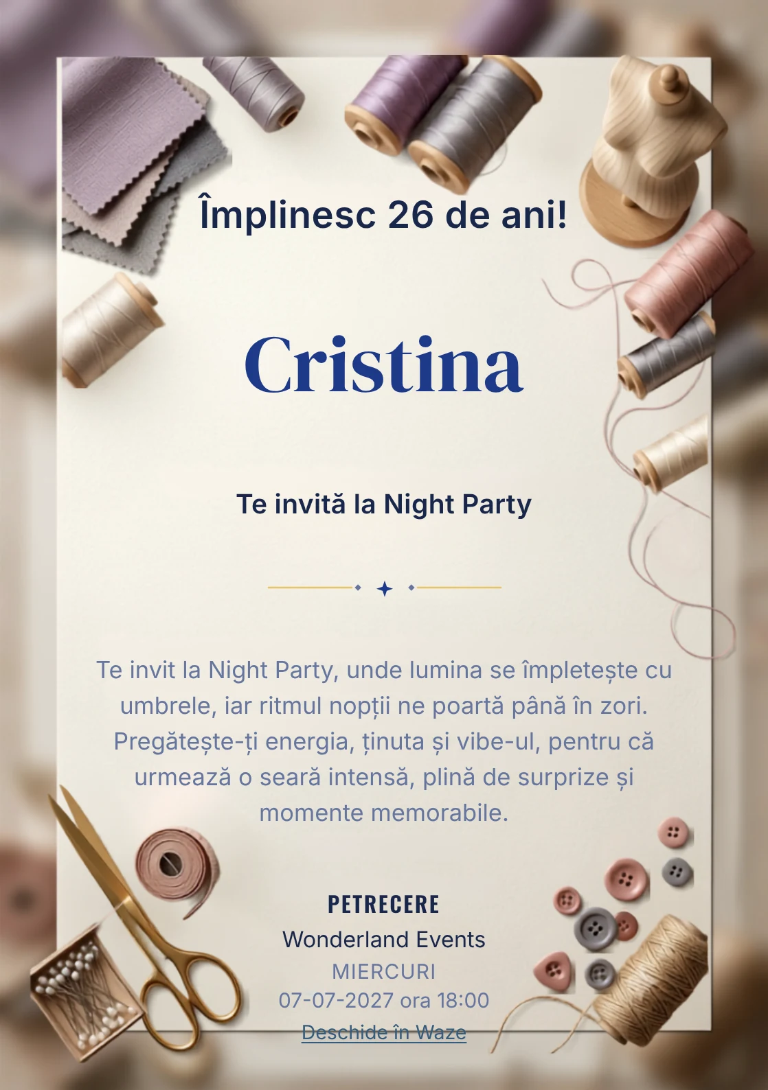Atelierul de Croitorie este un model de invitații digitale de zi de naștere, definit vizual de un manechin abstract și fire colorate.