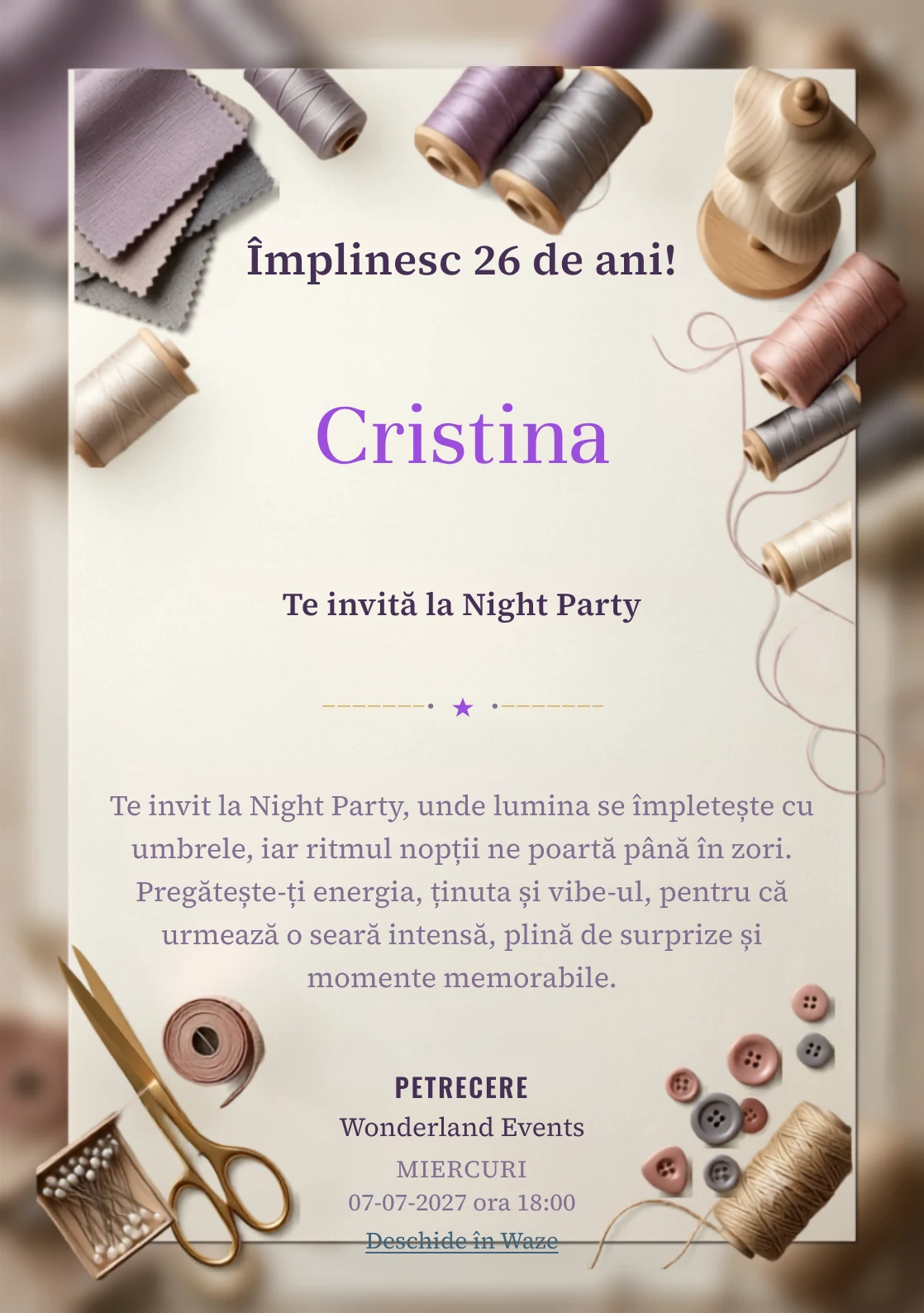 Atelierul de Croitorie este un model de invitații digitale de zi de naștere, definit vizual de un manechin abstract și fire colorate.