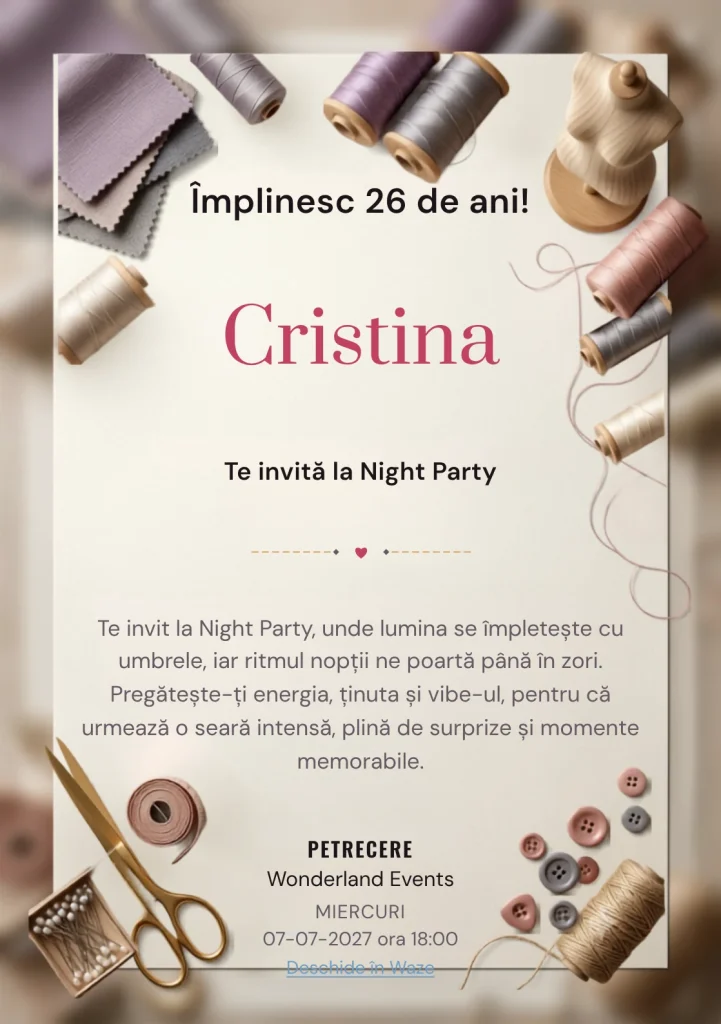 Atelierul de Croitorie este un model de invitații digitale de zi de naștere, definit vizual de un manechin abstract și fire colorate.
