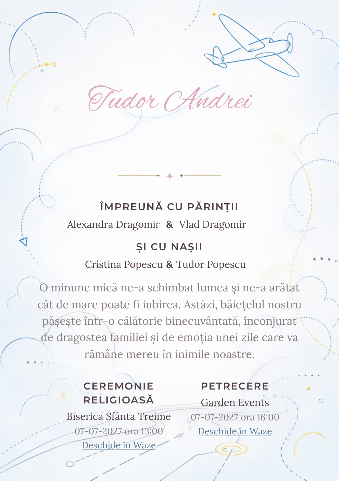 Designul Avion Monoline, din gama de invitații botez, reunește un avion monoline cu traseu aerian cu nori reduși la puncte și arcuri.