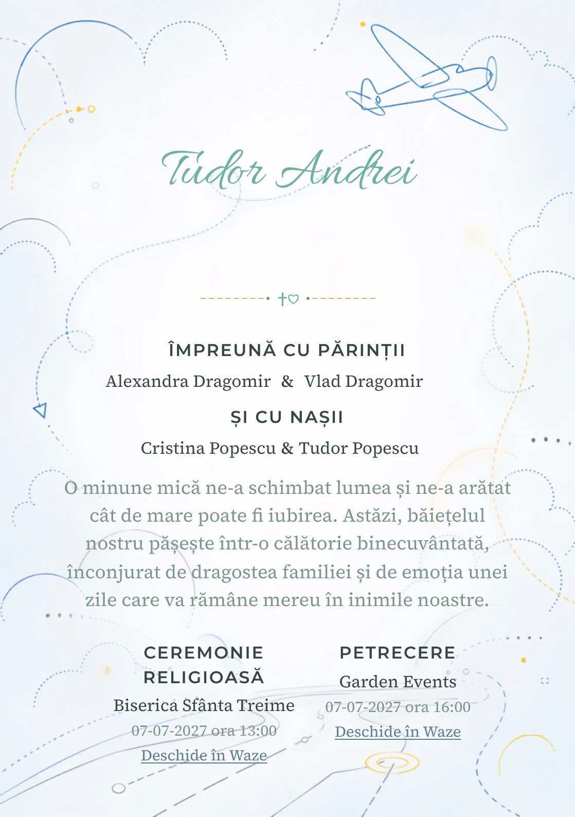 Designul Avion Monoline, din gama de invitații botez, reunește un avion monoline cu traseu aerian cu nori reduși la puncte și arcuri.