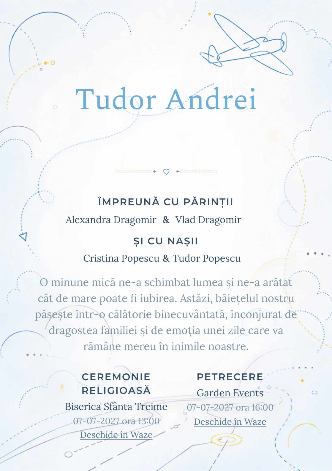 Designul Avion Monoline, din gama de invitații botez, reunește un avion monoline cu traseu aerian cu nori reduși la puncte și arcuri.