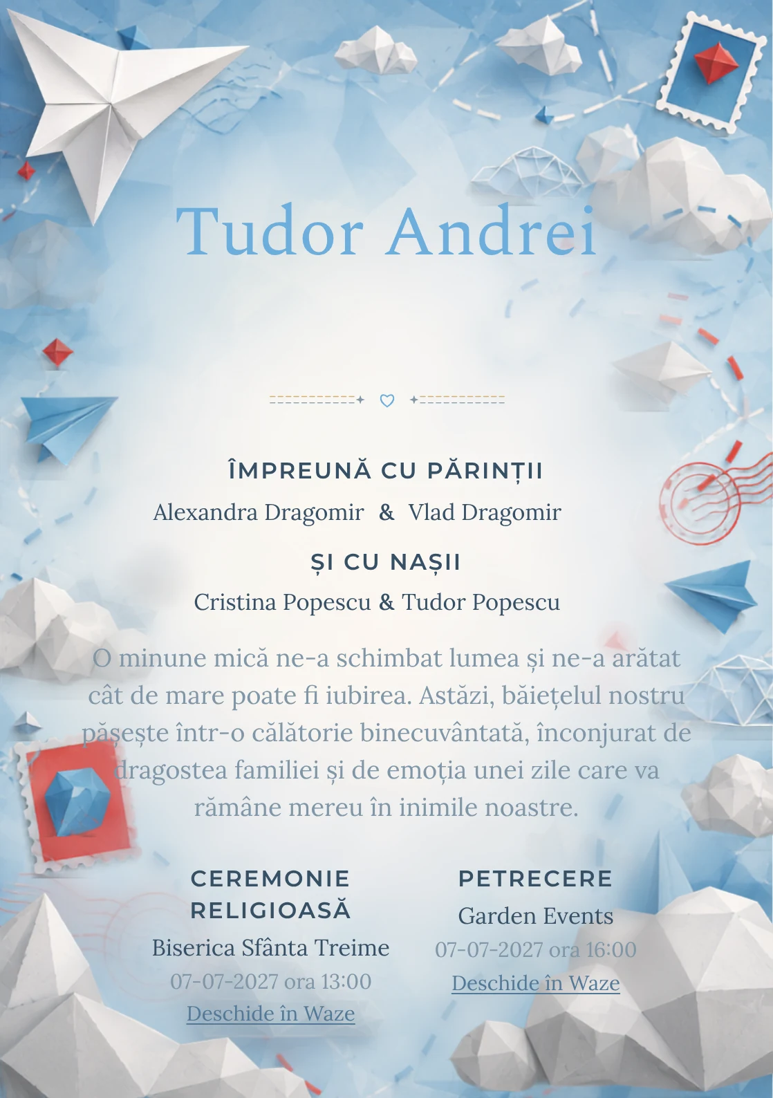 Compoziția Avion Origami, din gama de invitații botez băiat, pune accent pe un avion mare din hârtie și include nori geometrici.