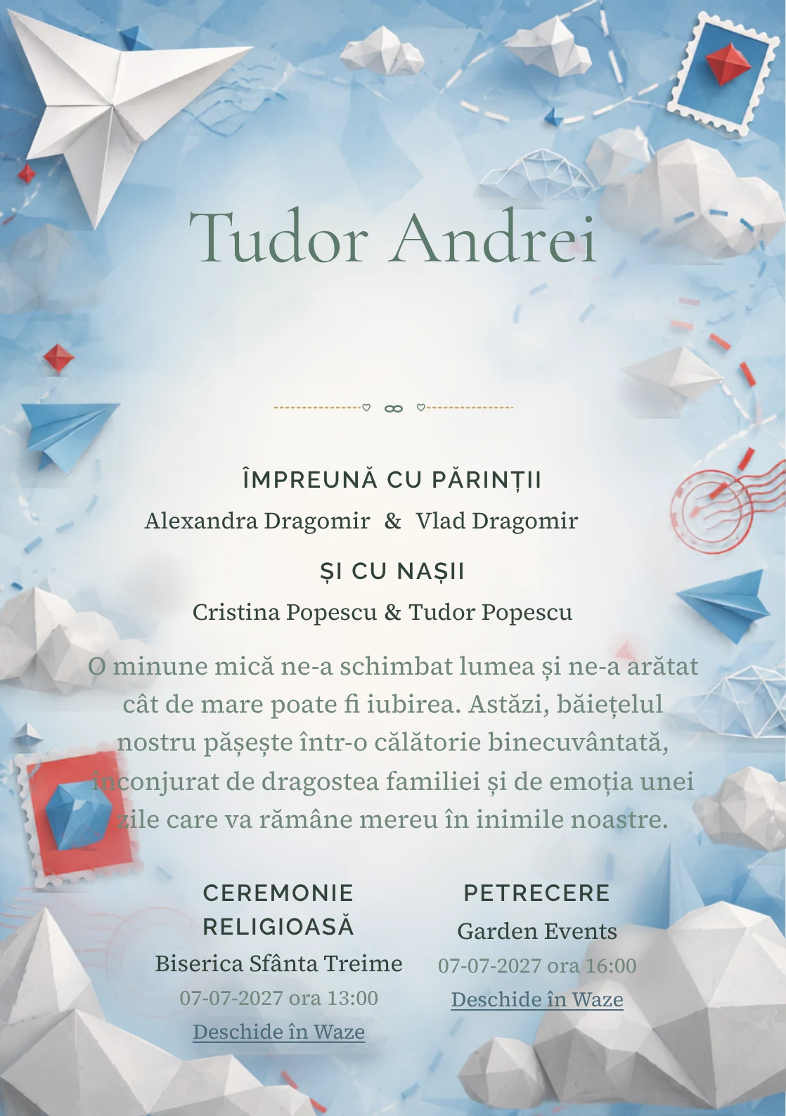 Compoziția Avion Origami, din gama de invitații botez băiat, pune accent pe un avion mare din hârtie și include nori geometrici.
