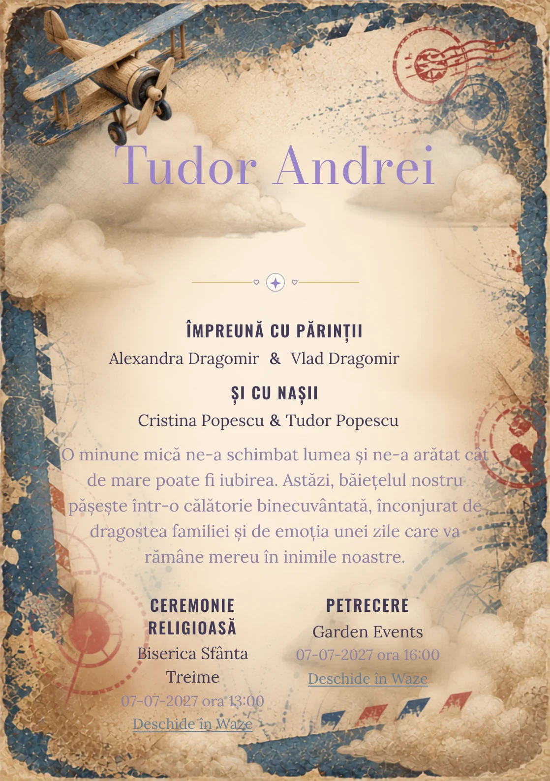 Avion Vintage, pentru o invitație de botez, are ca reper vizual un avion de lemn peste o compoziție; compoziția include ștampile abstracte, nori și margini uzate.